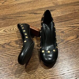 Tory Burch Black Leather Pumps, Gold Logo Studs, Wooden Heel, Size 6